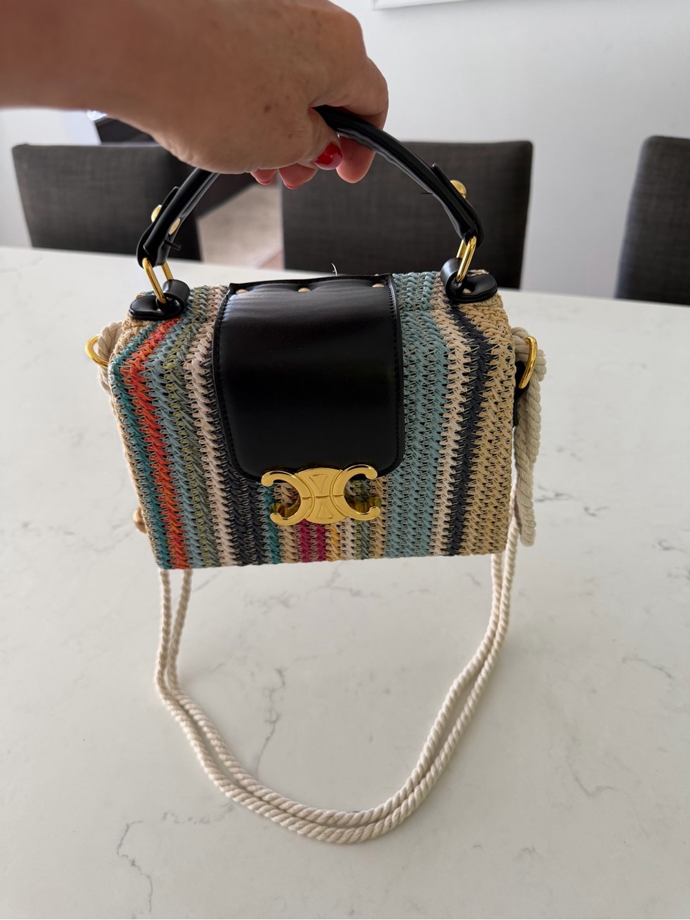 Woven Multicolor Top-Handle Crossbody Bag with Black Leather Flap